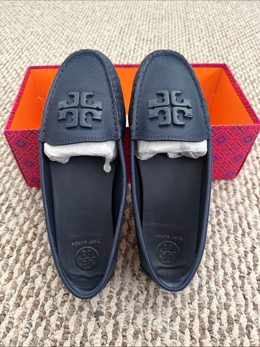Tory Burch Men's Navy Pebbled Leather Logo Penny Loafers